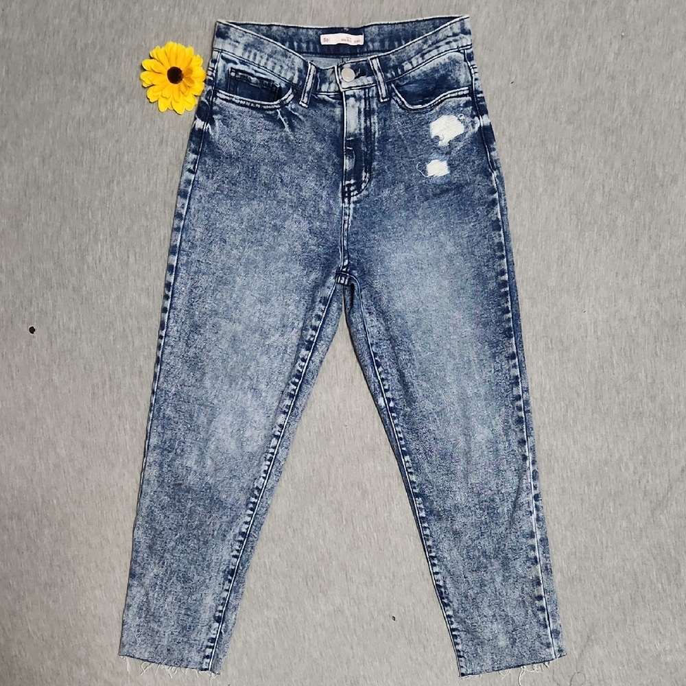 So Brand Juniors Acid-Wash High-Rise Raw-Hem Distressed Denim "Mom" Jeans